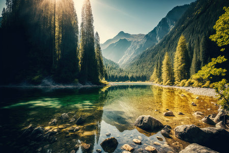 On a sunny day, a wide image of trees in the center of a forest is seenの素材