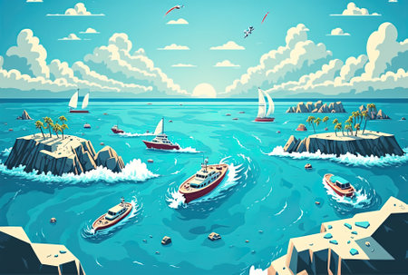 picture from a wide viewpoint of an ocean with boats floating on it and a clear sky,の素材