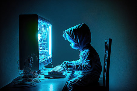 late night computer use by a child small hacker youthful coder in neon blue lightの素材