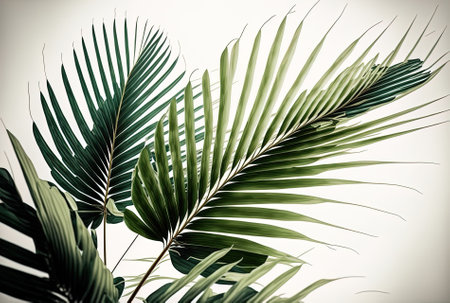green palm leaves that are fuzzy against a light backdropの素材