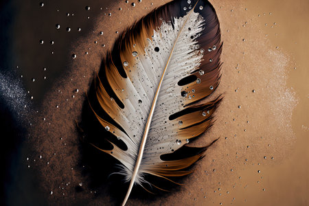 a view from above of the white and brown feather with water drops on itの素材