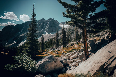 Summertime setting with rocky terrain and pine treesの素材