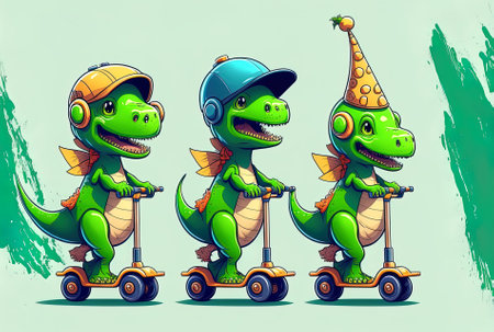 Set of adorable dinosaur cartoons riding a scooterの素材