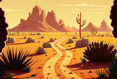 empty dirt road leading to the desert in the middle of barren shrubsの素材