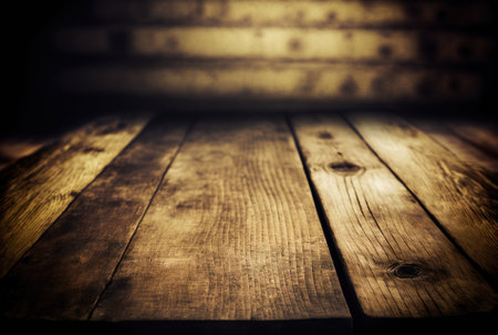 wooden board hazy background empty tableの素材