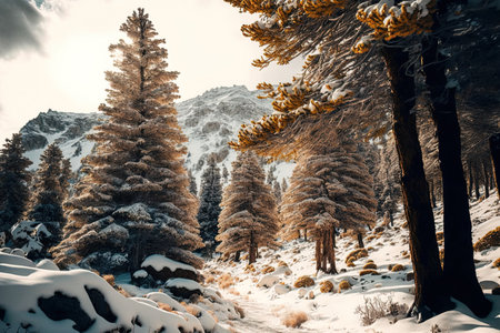 Gorgeous brown pine trees in a forest covered with snowの素材