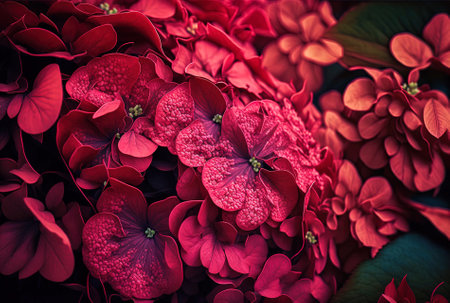 Red hydrangea macrophylla blossoms fill the entire frameの素材
