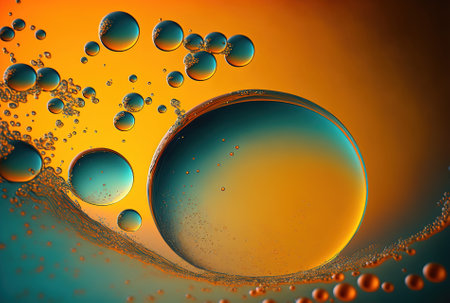 Oil bubbles in a watery backdrop with an orange abstract backgroundの素材