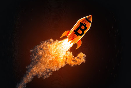 Image of a rocket with a bitcoin symbolの素材