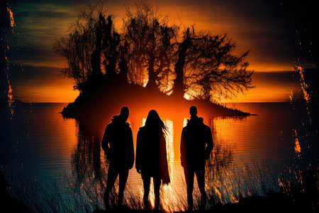 Stunning image of three persons in silhouette along the shoreの素材
