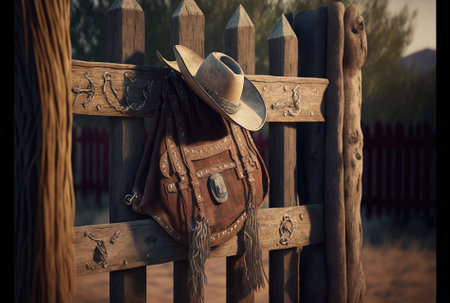 scene wooden ranch fence with horse saddle hanging from itの素材