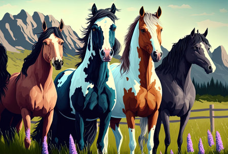 Several colored horses are standing in the meadowの素材