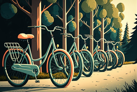 Rental bicycles are arranged in a row next to the roadの素材