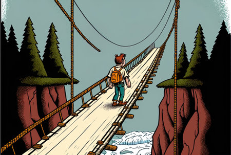 a person on a suspension bridge that is self anchoredの素材