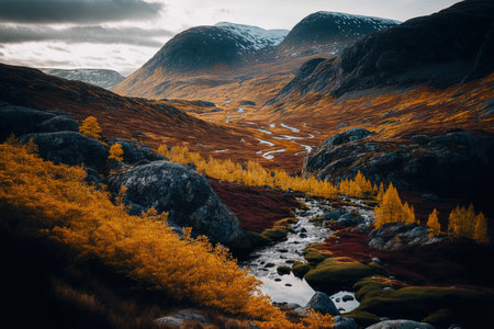 Stunning autumnal scenery of the vast Scandinavian highlandsの素材