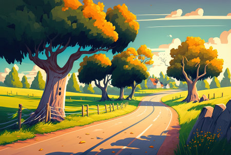 Stunning picture of a road in a rural setting with treesの素材