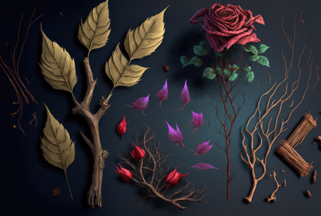 collection of twigs and fresh rose petalsの素材