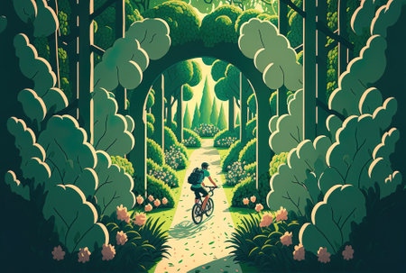 cycling through a green garden in a vertical shotの素材