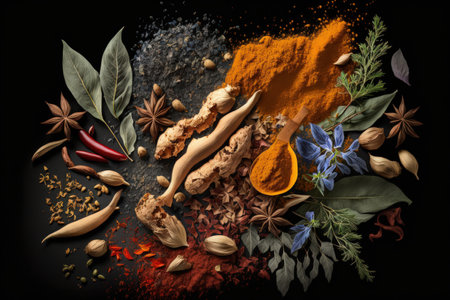 herbs and spices against a dark backgroundの素材