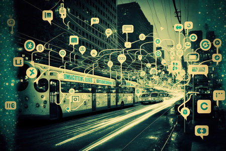 communication via social media an internet connection cityの素材