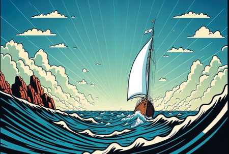 a boat on the sea in the distance, seen verticallyの素材