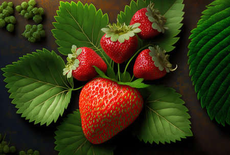 scrumptious red strawberries in top view, with a green leaf in the backgroundの素材
