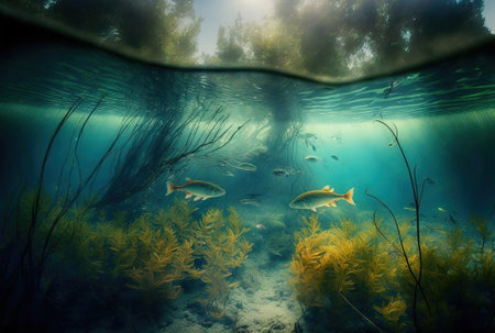 translucent lake or freshwater ecosystem, an uncommon underwater landscapeの素材