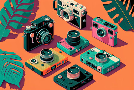 flat lay of old fashioned cameras on a colourful backdropの素材