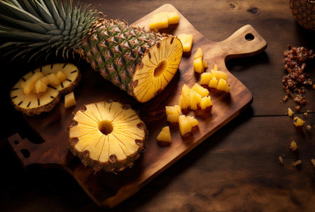 pineapples, whole and chopped, flattened on a wooden tableの素材