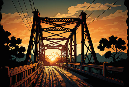 sunset on a vintage iron bridgeの素材
