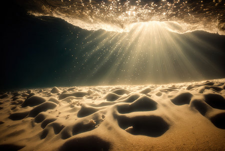 sun beaming on sand in an underwater photographの素材