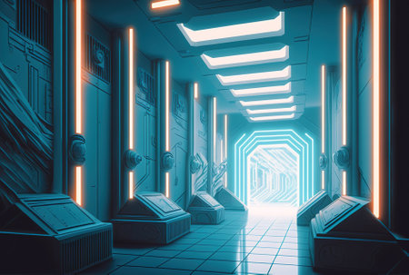 Illustration of an abstract white futuristic sci fi room with gradated neon tubesの素材