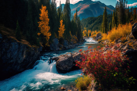 River during the sunny hours of fall, surrounded by flowersの素材