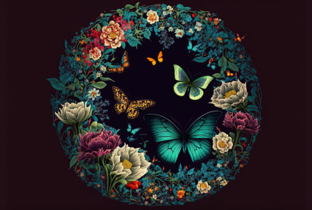 circle and flower wallpaper with butterflies, for exampleの素材