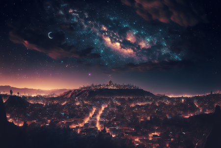 amazing night sky above the city at nightの素材