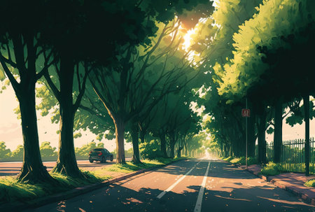 Scene in the summertime, with trees and leaves lining the roadの素材