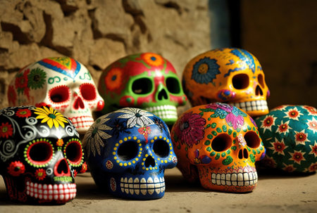 Colorful skulls, Mexicans celebration of the deadの素材