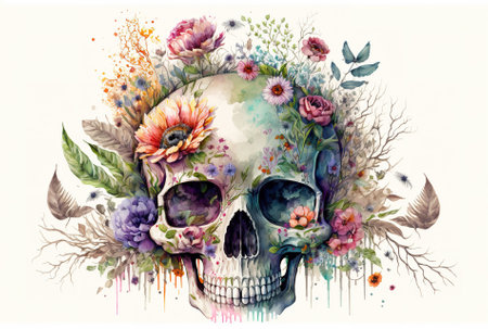 Skull in watercolor with many flowersの素材