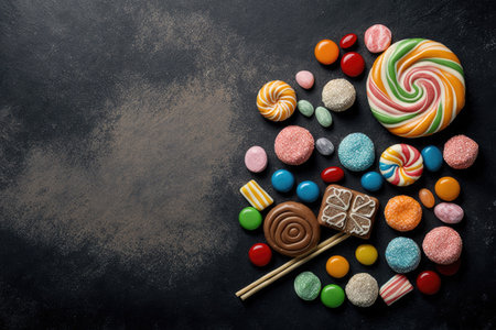 Stone background with colorful candy and lollipops. Copy space in the top viewの素材