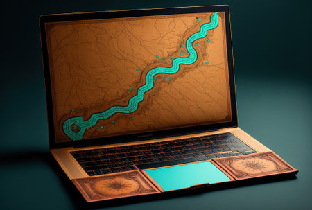 Laptop displays a route and direction mapの素材