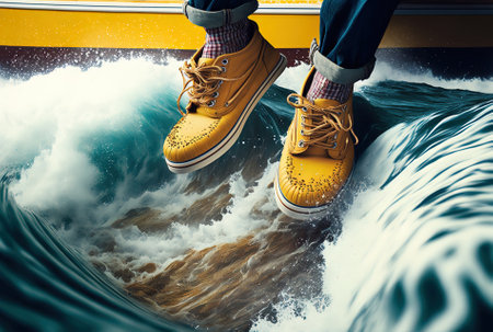 Vertical image of feet wearing athletic shoes on a yellow boat in a wave filled seaの素材