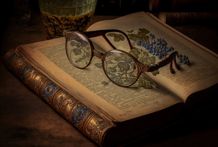 antique book on a table with glassesの素材
