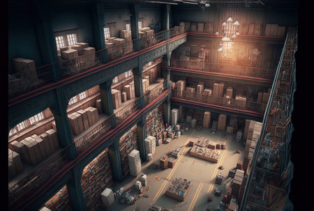 a big warehouse filled with merchandise and equipped with liftsの素材