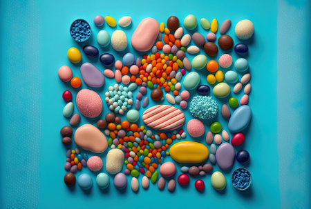 The blue backdrop is covered in various jelly beansの素材