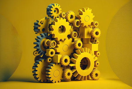 minimal in scope. building over a backdrop of yellow cogs. community driven ideaの素材
