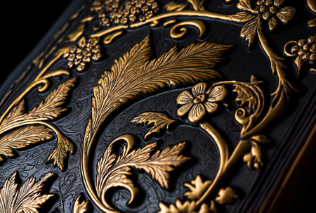 a macro shot of the texture on an antique black book coverの素材
