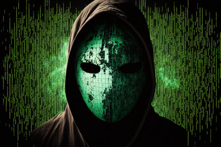 anonymous hacker using a binary computer interface and the real worldの素材