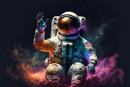 successful landing of astronaut in galaxy space suit helmet, joyous hand gestureの素材