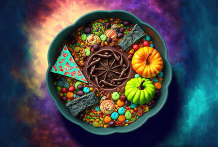 Halloween candy bowl in top view against a vivid backgroundの素材