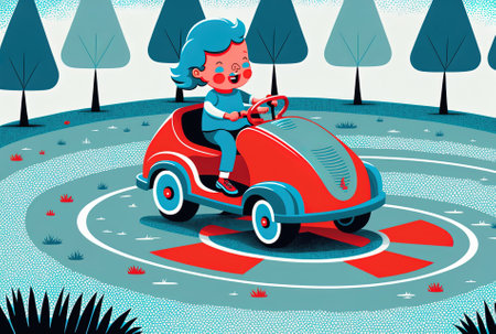 In a park, a little child glides on gray cement in a blue and red wiggle carの素材